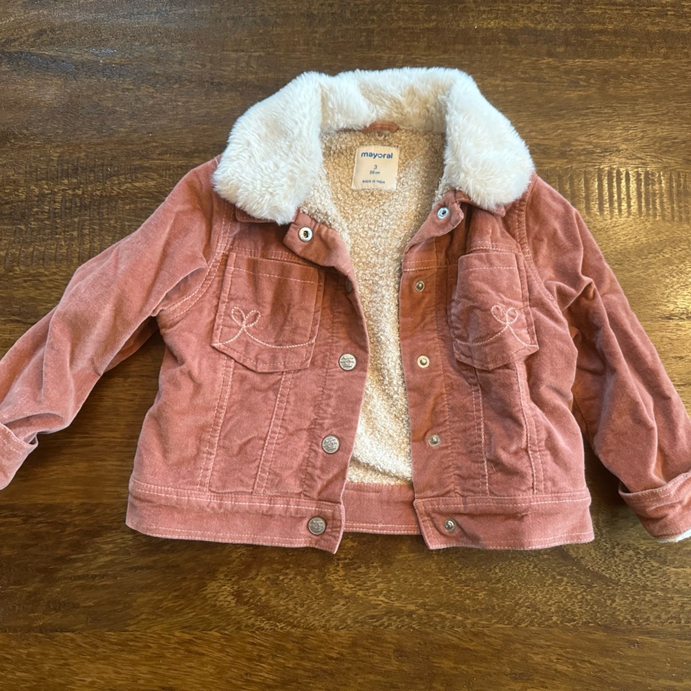 Mayoral Blush Jacket with Cream Faux Fur